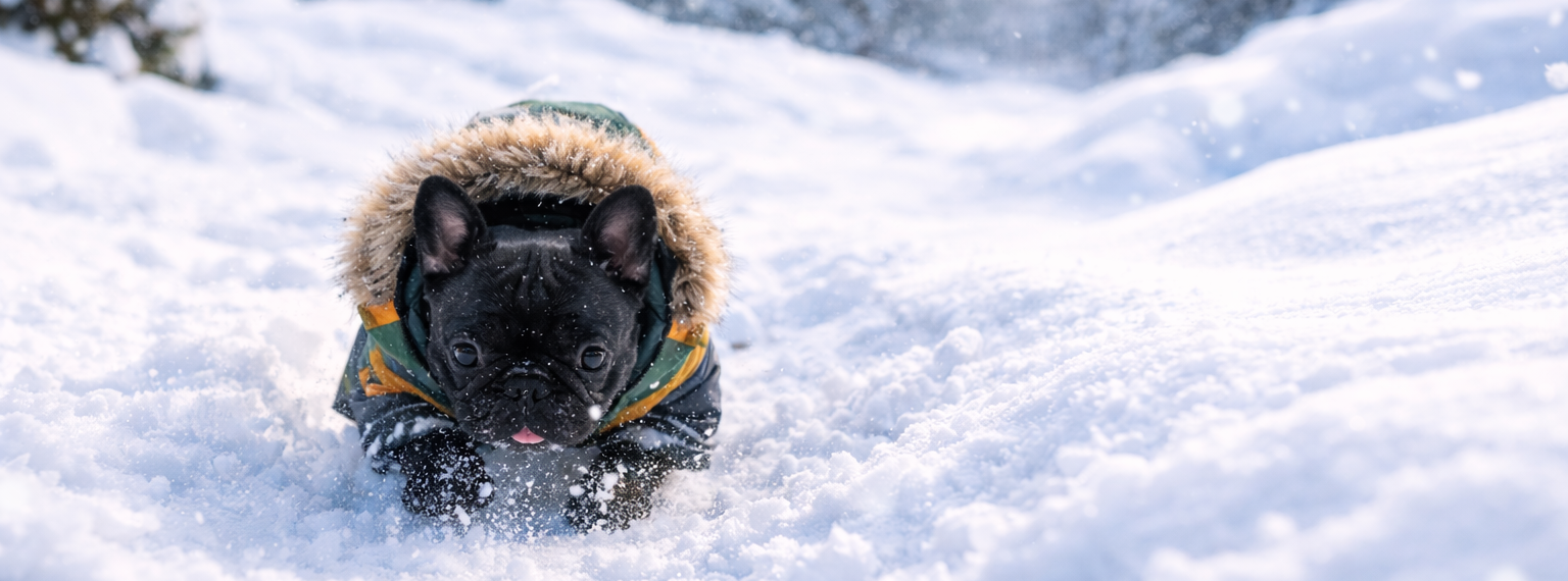 Dog in a winter coat playing in the snow